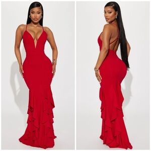 FASHION NOVA Looking At You Ruffle Maxi Dress In Red